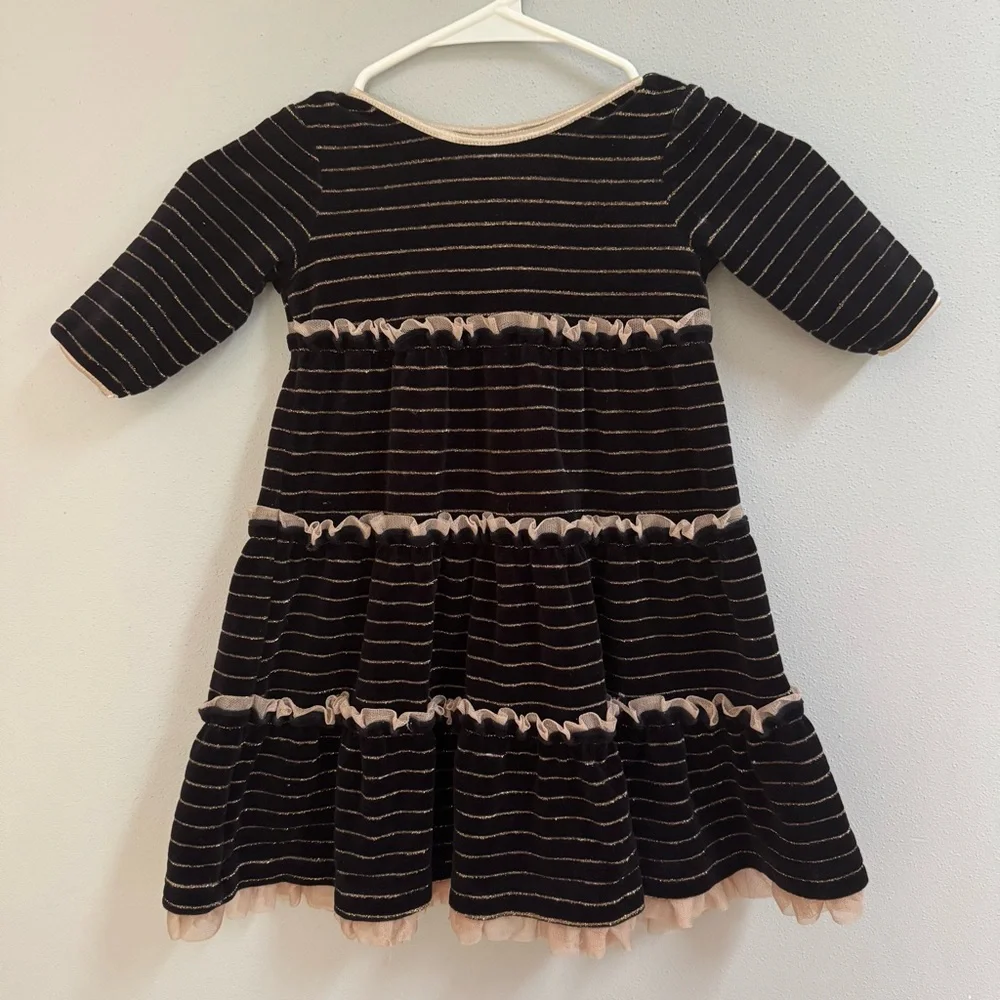 Hanna Andersson Girl Black Velvet Gold Lurex Striped Tiered Ruffle Dress Size 90